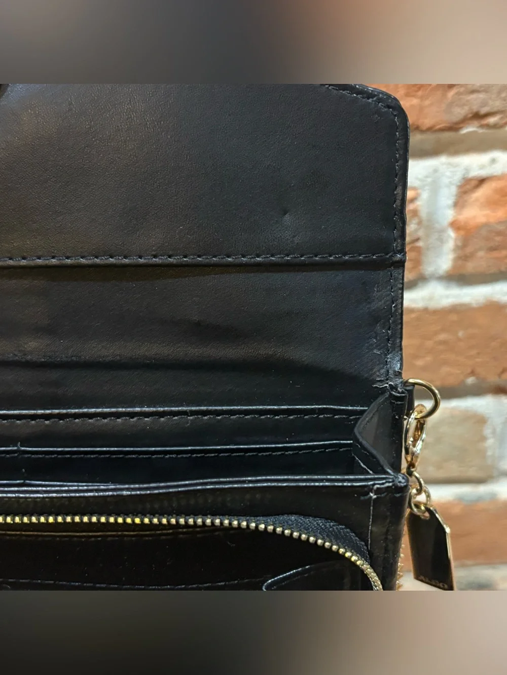 ALDO Black Faux Leather Envelope Clutch with Gold Chain